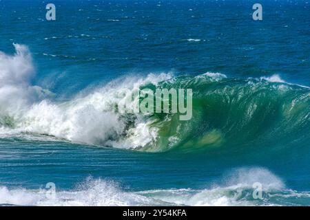 Eine große Welle kracht an einem sonnigen Tag nach einem tropischen Sturm hart auf den Strand Stockfoto