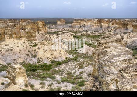 Kreidefelsen, die am LIFE On the Rocks Trail im Little Jerusalem Badlands State Park in der Nähe von Oakley, Colorado, liegen. Stockfoto