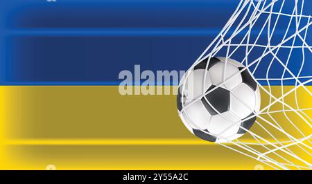 Fußball oder Fußball in Goal Net isoliert auf Ukraine schattierte Flagge, Sportzubehör Ausrüstung zum Spielen, Meisterschaft Stock Vektor