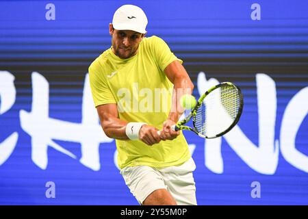 Chengdu, China. September 2024. Aleksandar VUKIC (aus) am 4. Tag der ATP 250 Chengdu Open 2024 im Sichuan International Tennis Centre. Quelle: Meng Gao/Alamy Live News Stockfoto