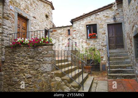 Umgeben von Wäldern, Weinbergen, Olivenhainen und Zypressen, Rocca di Castagnoli, Gaiole im Chianti, Provinz Siena, italien Stockfoto