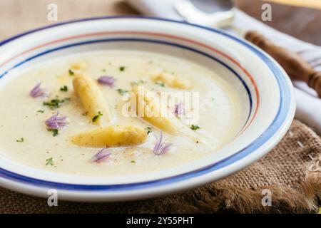 Traditionelle deutsche Spargelsuppe in einer Suppenschüssel. Stockfoto