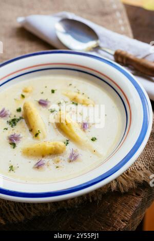 Traditionelle deutsche Spargelsuppe in einer Suppenschüssel. Stockfoto