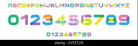 Verspielte, sich überlagernde geometrische Zahlen und Buchstaben, lebendige Schriftarten für Sportmarken für Kinder, farbige Trikotnummern, fröhliche Teamartikel Stock Vektor