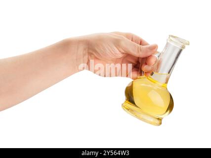Ölbehälter im Handweg isoliert auf weiß Stockfoto