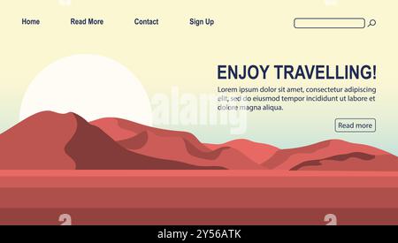 Vorlage für die Landingpage „Zeit bis Reise“. Tourismus und Freizeit im Freien. Wunderschöne flache heiße Wüstendünen 2D-Zeichentrickfilm-flaches Banner. Urlaub und Reise nach Stock Vektor