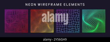 Bunte Drahtmodellformen, gefüttertes perspektivisches Netz, 3D-Raster. Geometrische Elemente mit niedrigem Poly. Futuristische Retro-Designelemente, y2k, Vaporwave und Stock Vektor