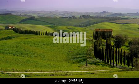 Die Landschaften, Hügel und Weinberge auf der Eroica-Route. Herbstlandschaft. Chianti, Toskana. Italien Stockfoto