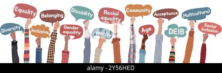 Isolierte erhobene Hände von Menschen aus verschiedenen Kulturen, die Sprechblasen mit Worten halten, die DEIB - Vielfalt - Gleichheit - Inklusion - Zugehörigkeit ausdrücken Stock Vektor