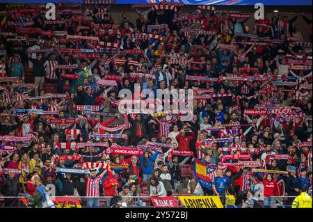 Atletico de Madrid Fans während des Spiels zwischen Atlético de Madrid und RB Leipzig für die Champions League, Civitas Metropolitano, Madrid, Spanien Stockfoto