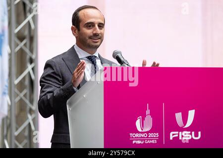 Alessandro Sciretti durante alcuni Momenti della Cerimonia di accensione della Fiaccola dei Giochi Mondiali Universitari Turin 2025 presso Rettorato dell'Universit&#xe0; A 2025 Turin, Italia - Cronaca - Venerd&#xec; 20 Settembre 2024 2024 - (Foto Giacomo Longo/LaPresse) Alessandro Sciretti Stockfoto