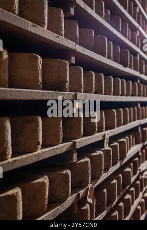 Castelmagno, der König der Käsesorten, reift leise in seinen Kellern. Stockfoto