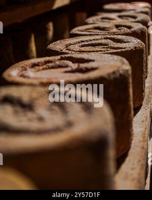 Castelmagno, der König der Käsesorten, reift leise in seinen Kellern. Stockfoto