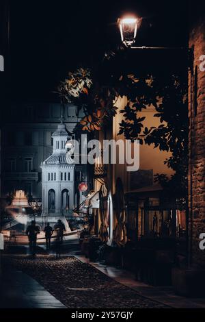 Acqui Terme und sein Thermalbrunnen La Bollente bei Nacht. Stockfoto