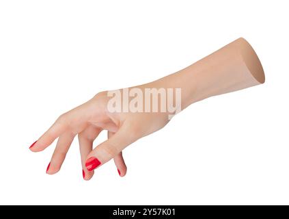 Die Hand der Frau streckt aus, offen und bereit, etwas zu geben oder zu nehmen. Isoliert auf weißem Hintergrund, zeigt Mitgefühl und Wohltätigkeit. Ordentliches rotes Polishe Stockfoto