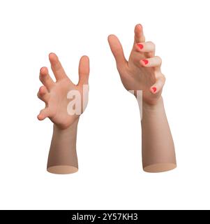 Die Hand der Frau streckt aus, die Hand offen und bereit, etwas zu halten oder zu nehmen, isoliert auf weißem Hintergrund, ordentlich rot polierte Nägel, ordentlich und elegant Stockfoto