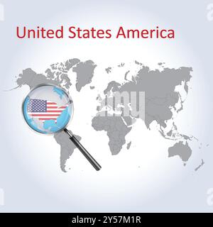 Amerika vergrößerte Karte und Flagge, Amerika vergrößerte Karten, Vektorgrafik Stock Vektor