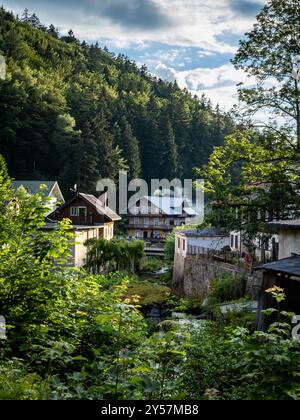 Miedzygorze, Polen - 19. Juni 2024: Ferienort Miedzygorze Dorf und Wilczka Fluss im Snieznik Massiv, Woiwodschaft dolnoslaskie. Stockfoto