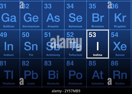 Jod auf dem Periodensystem der Elemente. Nichtmetallisches Element mit Atomzahl 53 und chemischem Symbol I nach griechischen Iodos für Violett. Stockfoto