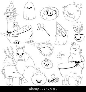 Halloween Lama Set. Niedliche Lamas in Halloween-Kostümen, Leckereien, Süßigkeiten und anderen Halloween-Objekten. Schwarzweiß-Ausmalseite. Stockfoto