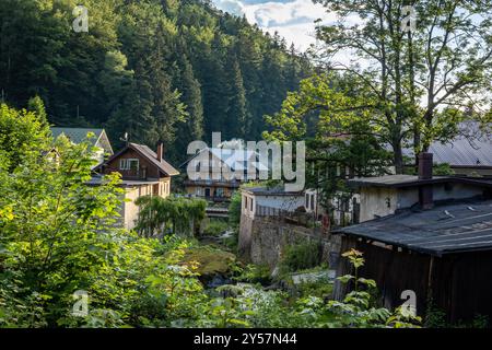 Miedzygorze, Polen - 19. Juni 2024: Ferienort Miedzygorze Dorf und Wilczka Fluss im Snieznik Massiv, Woiwodschaft dolnoslaskie. Stockfoto