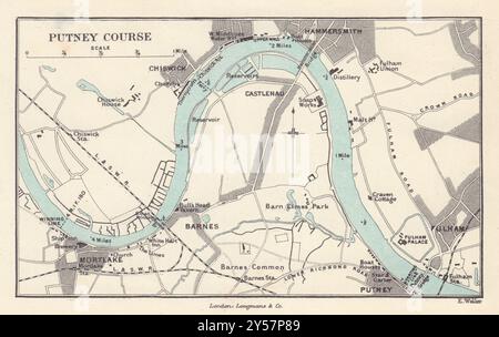 Der Ruderkurs von Putney nach Mortlake. Oxford-Cambridge Boat Race WELLER 1888 Karte Stockfoto