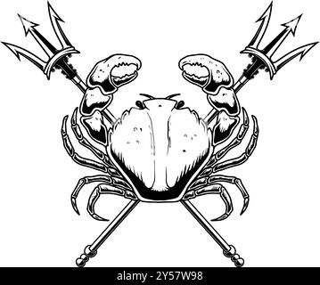 Krabbe und zwei überkreuzte Dreizackel. Designelement für Emblem, Schild, Abzeichen, Poster. Vektorabbildung Stock Vektor