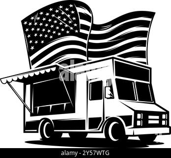 Retro Food Truck mit amerikanischer Flagge. Designelement für Poster, Karte, Banner, Schild. Vektorabbildung Stock Vektor