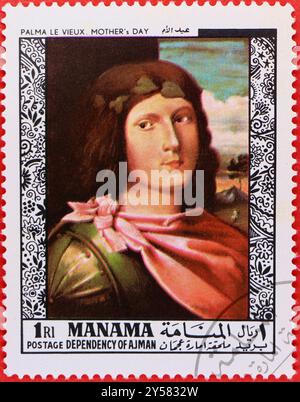 Foto einer 1968 1 Katar Riyal Briefmarke aus Manama mit einem Porträt junger Mann von Palma il Vecchio aus der Serie Old Masters Paintings Stockfoto