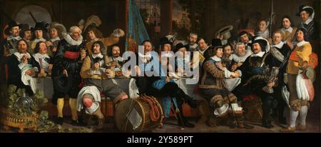 Festmahl in der Bowlingschmiede zur Feier des Vertrags von Münster, Bartholomeus van der Helst. 1648. Stockfoto