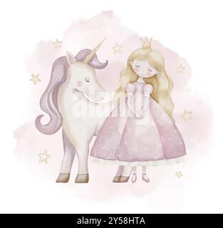 Prinzessin mit Unicorn Aquarellillustration. Hand gezeichnete Kunst mit magischem Pferd und Mädchen mit blonden langen Haaren für Baby Dusche Grußkarten oder Mädchen Kinderzimmer Wandkunst. Fantasy-Zeichnung in Pastellfarben. Stockfoto