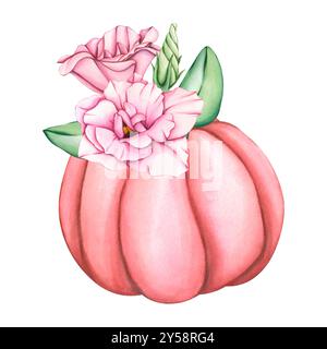 Aquarellpinker Kürbis mit Blumen und Blättern. Herbstkollektion Herbstartikel. Handgezeichnete Illustration für Einladungen und Karten für Erntefest Stockfoto