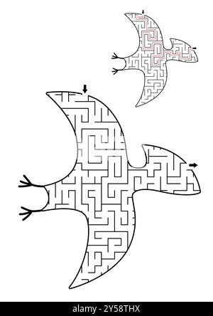 Geometrisches Labyrinth mit Dinosaurier für Kinder. Druckbare Aktivität im Vorschulalter in Form von Pterodactyl. Dino Land Labyrinth Spiel für Kinder mit Pterosaurier. Ausschneiden Stock Vektor