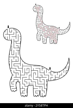 Geometrisches Labyrinth mit Dinosaurier für Kinder. Druckbare Aktivität im Vorschulalter, geformt als Brachiosaurus. Dino Land Labyrinth Spiel für Kinder. Niedlich prähistorisch Stock Vektor