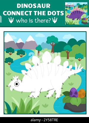 Vektor-Punkt-zu-Punkt- und Farbaktivität mit Stegosaurier, farbige prähistorische Szene. Dinosaurier verbinden das Punktspiel für Kinder mit niedlichen alten Tieren. Stock Vektor