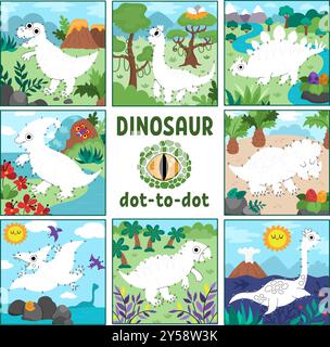 Vektorpunkt-zu-Punkt- und Farbaktivität mit farbiger prähistorischer Szene. Dinosaurier verbinden das Punktspiel für Kinder mit niedlichen alten Tieren. Was ist Stock Vektor