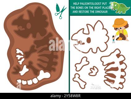 Die triceratops Skelett-Schnitt- und Kleberaktivität wiederherstellen. Lehrreiches Bastelspiel für Dinosaurier. Fehlende Teile suchen. Vektor Dino Land druckbare Seite für KI Stock Vektor