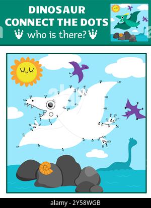 Vektor-Punkt-zu-Punkt und Farbeffekt mit Pterosaurier, farbige prähistorische Szene. Dinosaurier verbinden das Punktspiel für Kinder mit niedlichen alten Tieren. Stock Vektor