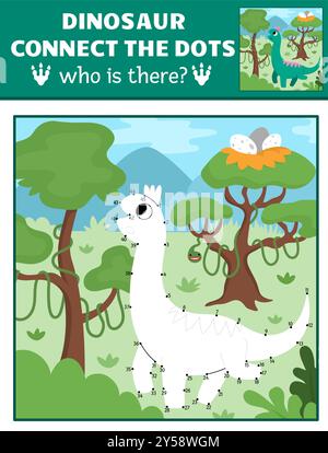 Vektor-Punkt-zu-Punkt- und Farbaktivität mit Brachiosaurier, farbige prähistorische Szene. Dinosaurier verbinden das Punktspiel für Kinder mit niedlichen alten Tieren Stock Vektor