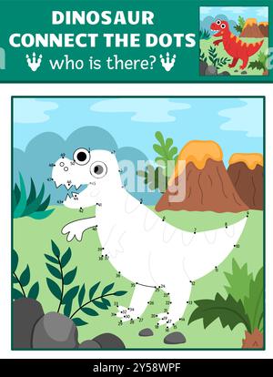 Vektor-Punkt-zu-Punkt und Farbeffekt mit Tyrannosaur, farbige prähistorische Szene. Dinosaurier verbinden das Punktspiel für Kinder mit niedlichen alten Tieren Stock Vektor