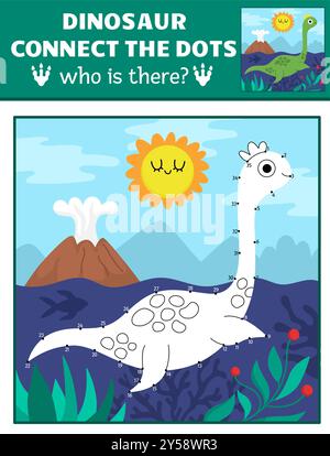 Vektor-Punkt-zu-Punkt und Farbeffekt mit Plesiosaurier, farbige prähistorische Szene. Dinosaurier verbinden das Punktspiel für Kinder mit niedlichen alten Tieren. Stock Vektor
