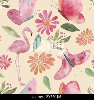 Nahtlose Aquarellmuster-Illustration mit Schmetterlingen, Flamingos, Blumen und Blättern auf gelbem Hintergrund Stockfoto