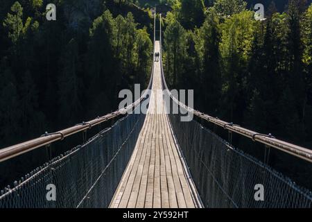 Hängebrücke in Ernen, Wanderung, Höhenangst, Schwindel, Mut, Weg, Überwindung, Therapie, Abendlicht, Wallis, Schweiz, Europa Stockfoto