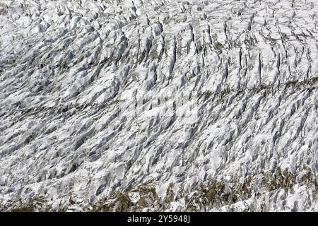 Detaillierte Ansicht der Struktur des Aletschgletschers, des Gletschers, der Gletscherzunge, der geologischen Geschichte, des ewigen Eises, Klima, Klimawandel, Forschung, sc Stockfoto