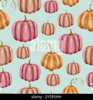 Orange und Rosa handgezeichnete Aquarellkürbisse auf türkisfarbenem, nahtlos wiederholtem Oberflächenmuster Stockfoto
