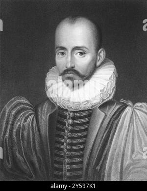 Michel de Montaigne (1533-1592) über den Stich aus den 1800er Jahren Einer der einflussreichsten Schriftsteller der französischen Renaissance. Stich von C.E. Wagstaff Stockfoto