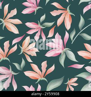 Magnolie Blumen und Blätter auf dunkelgrünem Hintergrund Aquarellmalerei, nahtloses Wiederholungsmuster Stockfoto