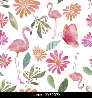 Nahtlose Aquarellmuster-Illustration mit Schmetterlingen, Flamingos, Blumen und Blättern auf weißem Hintergrund Stockfoto