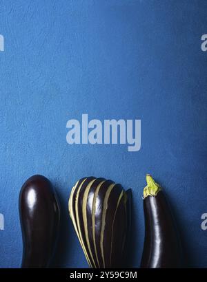 Drei reife Auberginen auf klassischem blauem Hintergrund. Flacher Lay mit dunkelvioletten Auberginen. Frische einheimische Auberginen. Frisches Gemüse im Sommer Stockfoto