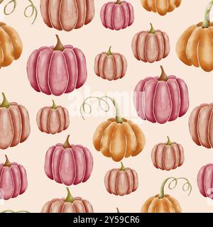 Orange und Rosa handgezeichnete Aquarellkürbisse auf beigem, nahtlos wiederholtem Oberflächenmuster Stockfoto